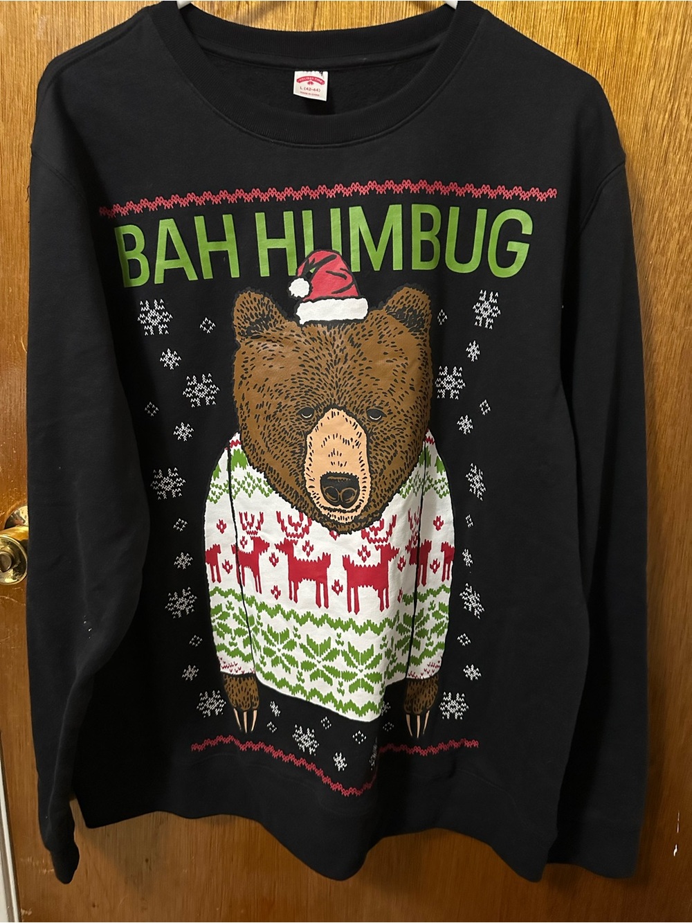 Holiday Time Black 'Bah Humbug' Bear Holiday Sweater with Green & Red Accents